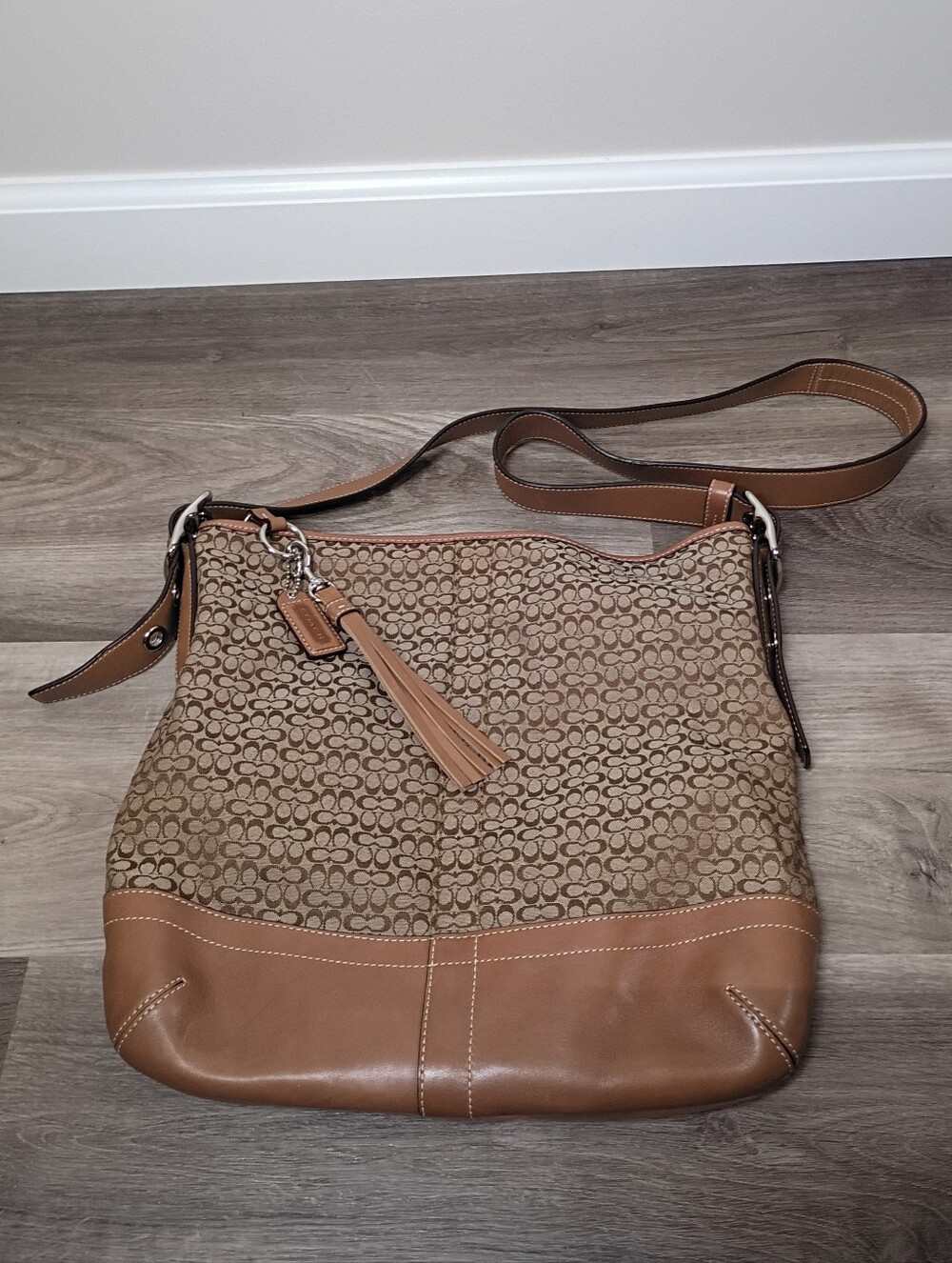 Coach Vintage Y2K Brown Khaki Signature Monogram Canvas Leather Convertible Bag